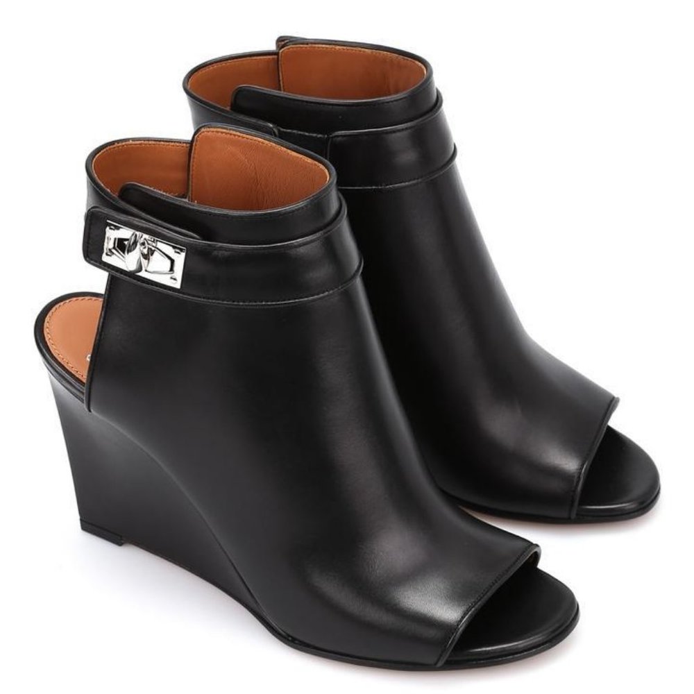 New Givenchy Black Tooth Lock Peep Ankle Wedge Booties Sz 36 6